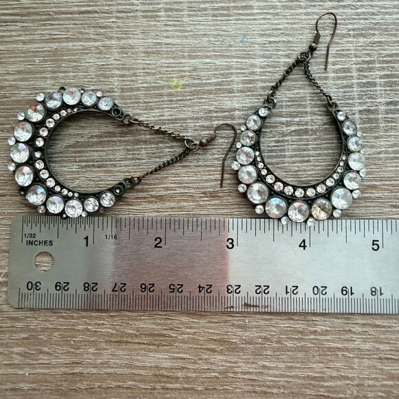 Rhinestone Statement Drop Earrings Antique Bronze Tone Boho Dangle - Picture 3 of 5